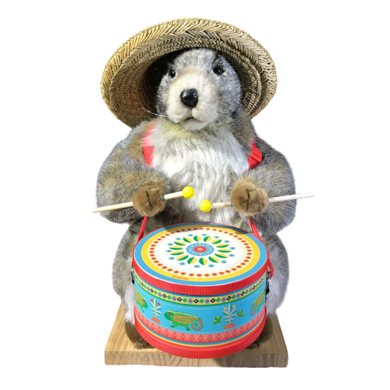 Animatronic woodchuck with exotic straw hat & drum