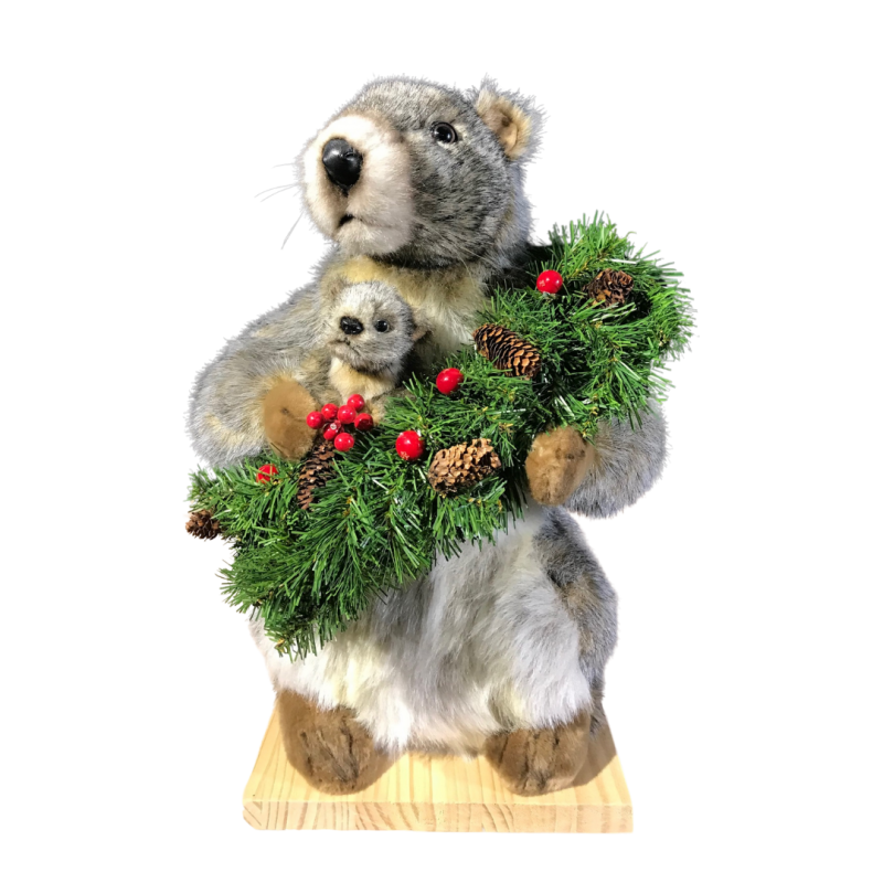 Automate de vitrine de Noël : marmotte et son bébé avec une couronne végétale de Noël