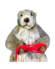Animatronic Groundhog with red wool ball for Christmas themed window displays