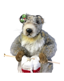 Automate de décoration de vitrine : Marmotte à lunettes qui tricote une chaussette de Noël