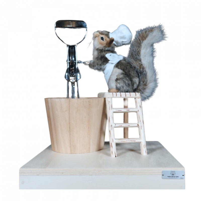 animatronic squirrel pastry chef,animatronic character squirrel,animated figure squirrel cooking